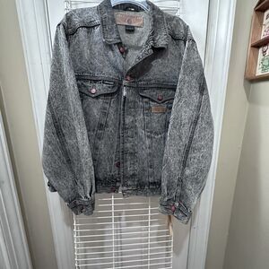 Black Acid Washed Denim Jean Jacket Large Expressions Red Buttons